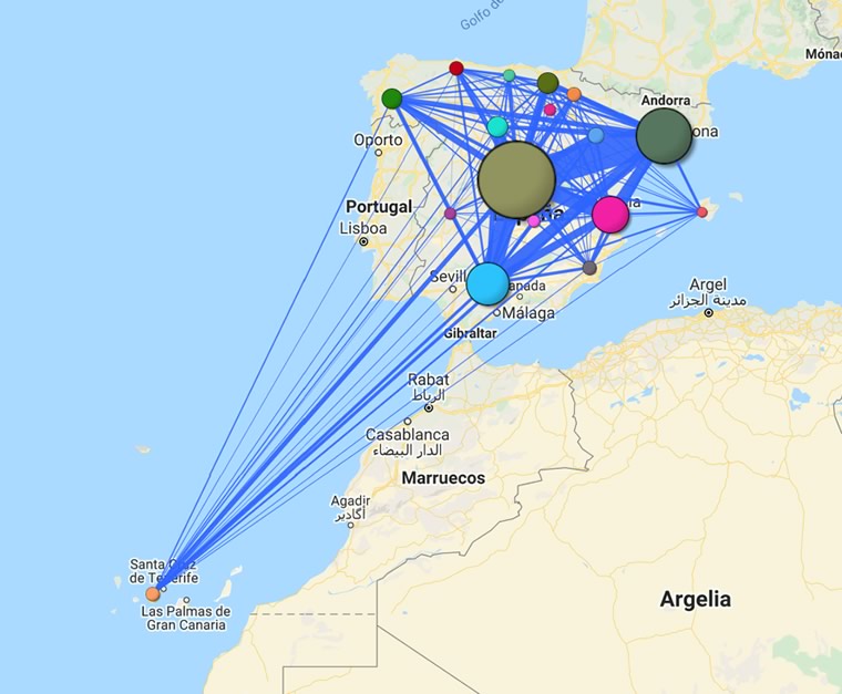 Colaboración científica entre comunidades autónomas de España en el año 2019